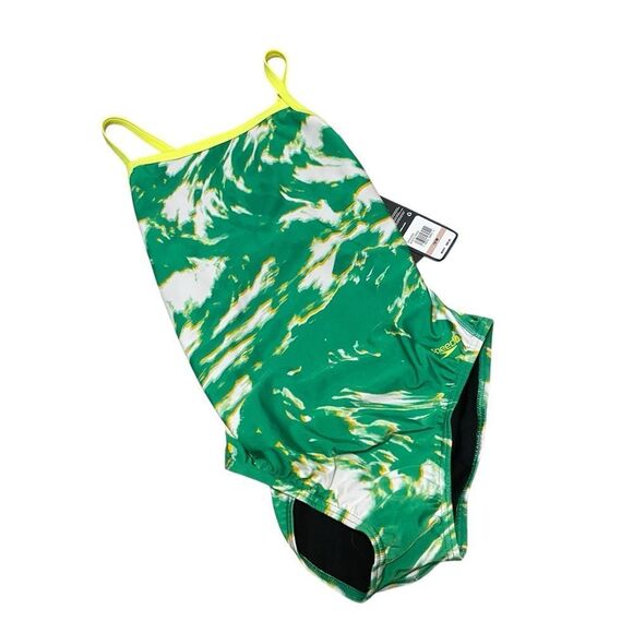 Speedo Cyclone Swirl Flyback Performance Swimsuit Green Size 12 NWT - Picture 2 of 6